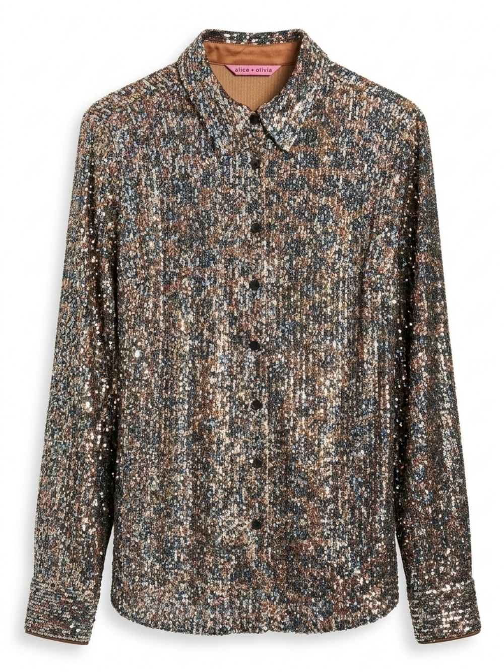 Isaac Mizrahi Live! All over Art Leopard Gold Sequin Button-Down Shirt, S